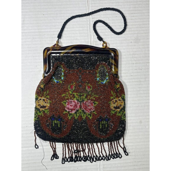 Antique Art Nouveau Lucite Tortoise Frame Beaded Purse Vintage Floral Fringe - Picture 1 of 11